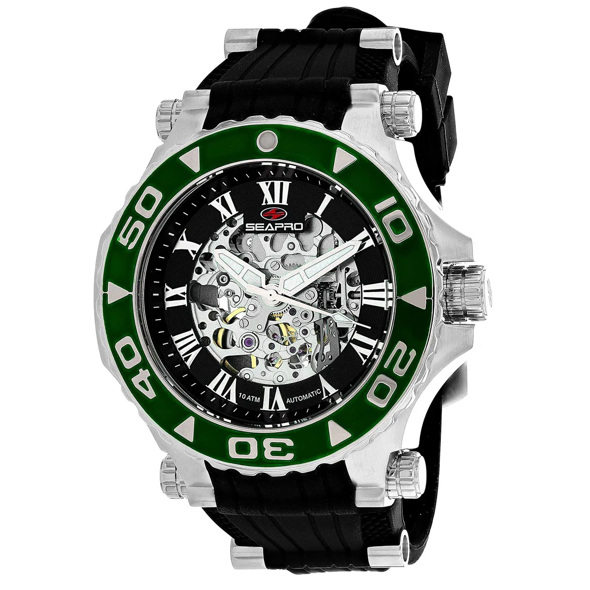 Stainless steel automatic watch with black dial and rubber strap