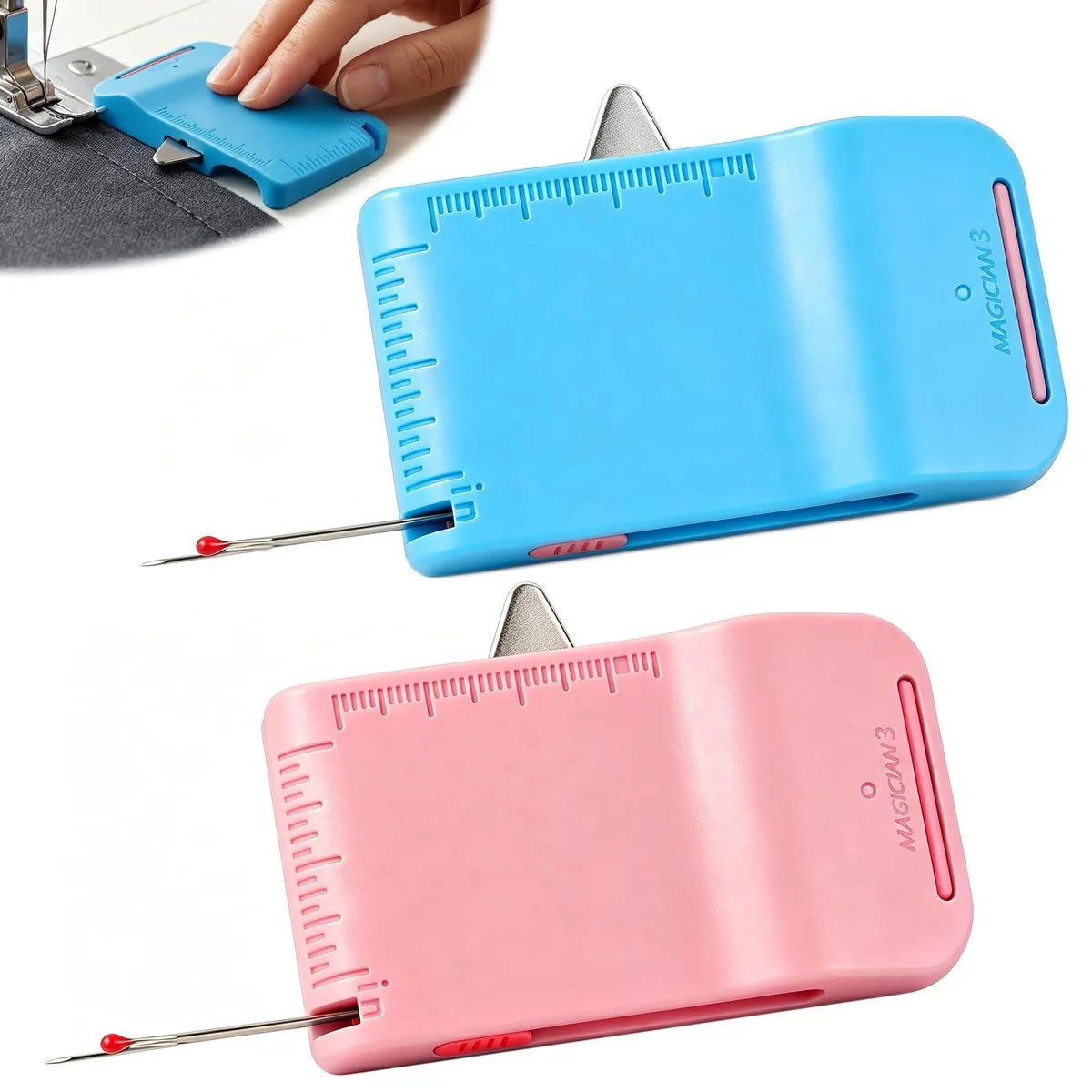 Two blue polygonal magnetic seam guides with built-in scale and seam ripper