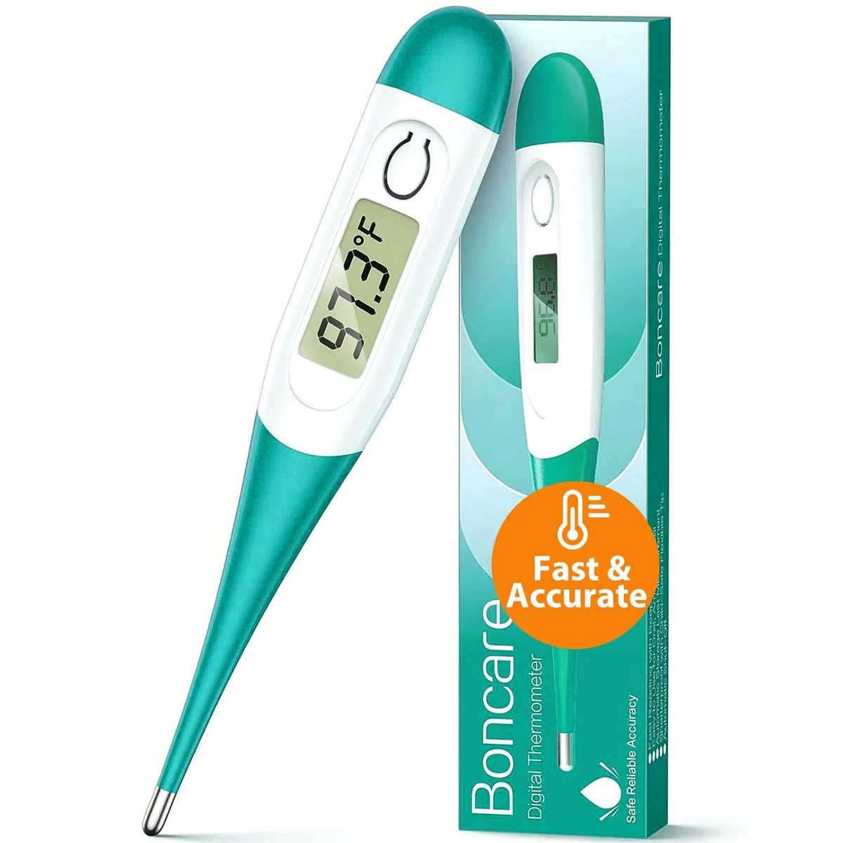 Clear blue digital thermometer with soft silicone tip and LCD display