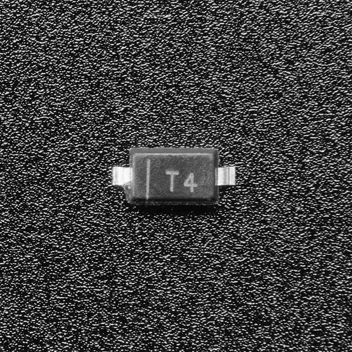 Clear plastic bag holding one hundred tiny black rectangular SOD-123 surface-mount diodes