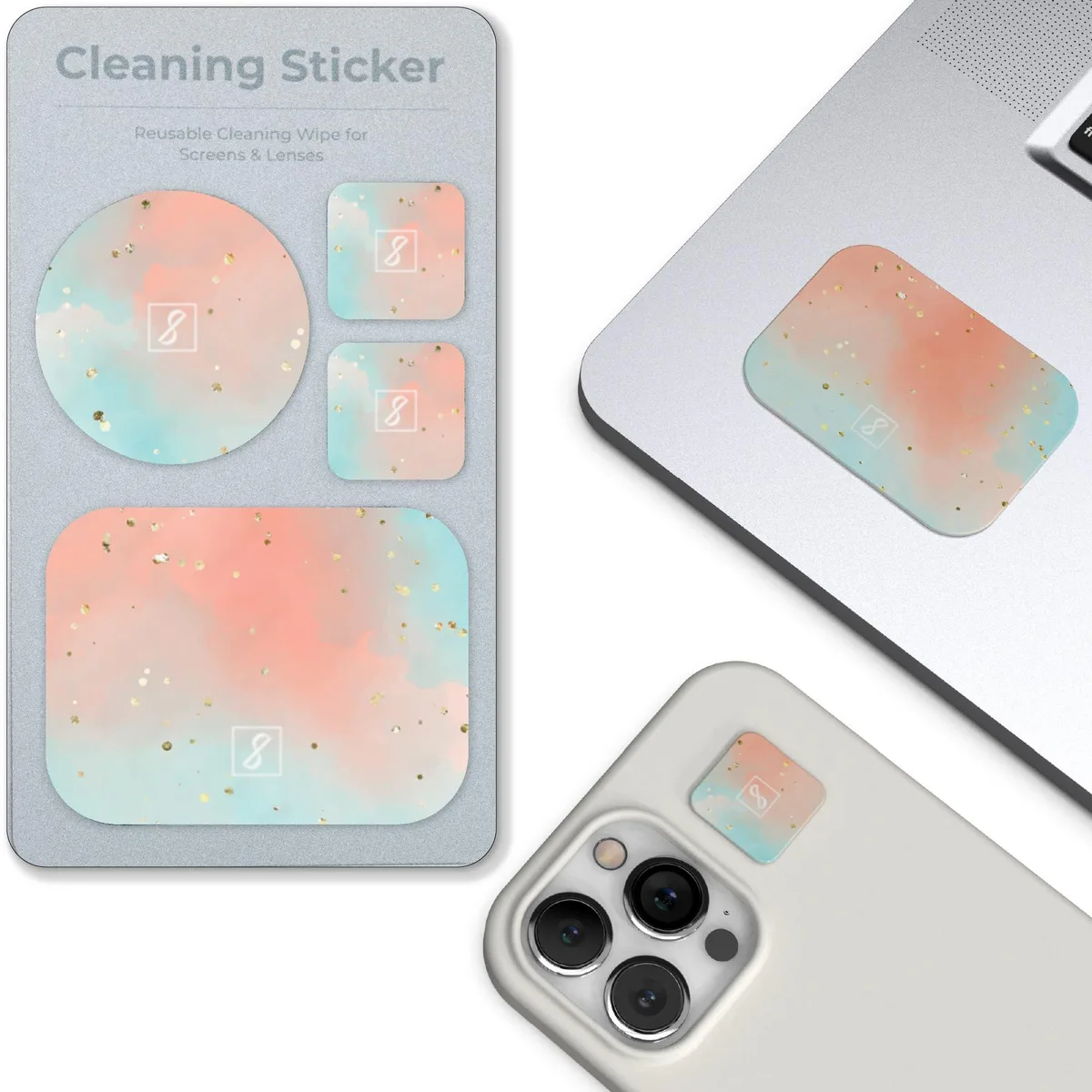 Four microfiber cleaning stickers in assorted sizes with reusable adhesive backing