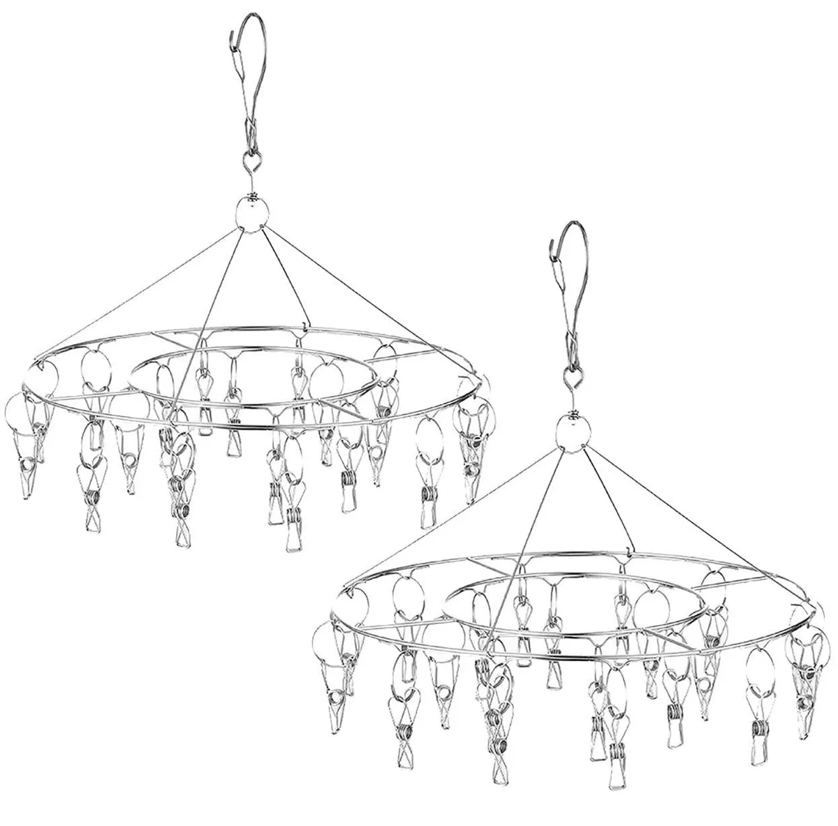 Two stainless steel round drying racks with 20 clips each, 360° swivel hooks, silver finish