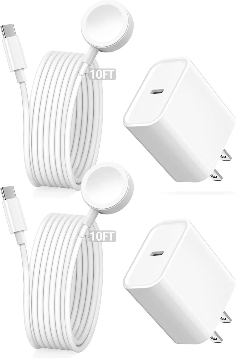 Two white ten-foot magnetic watch charging cables with USB-C plugs and a compact 20W power adapter