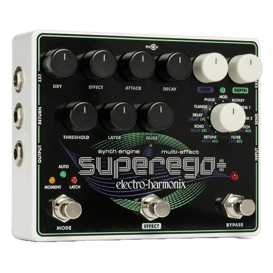 Electro-Harmonix Superego Plus multi-effect pedal, silver enclosure with multiple knobs and footswitches