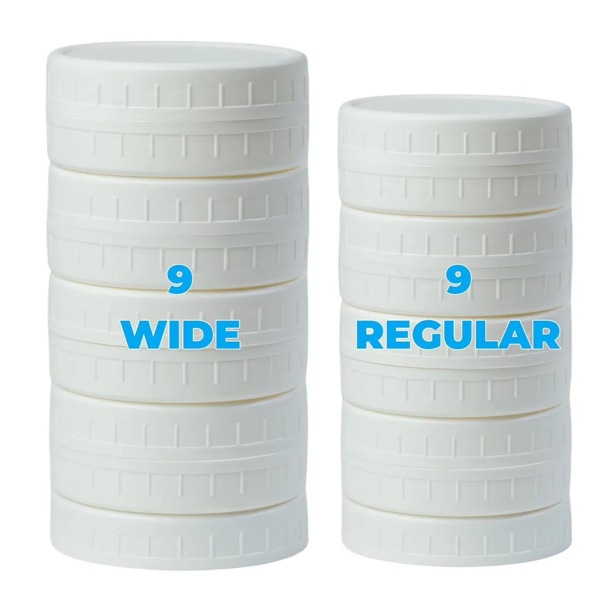 White plastic mason jar lids with silicone rings, 9 wide and 9 regular mouth sizes