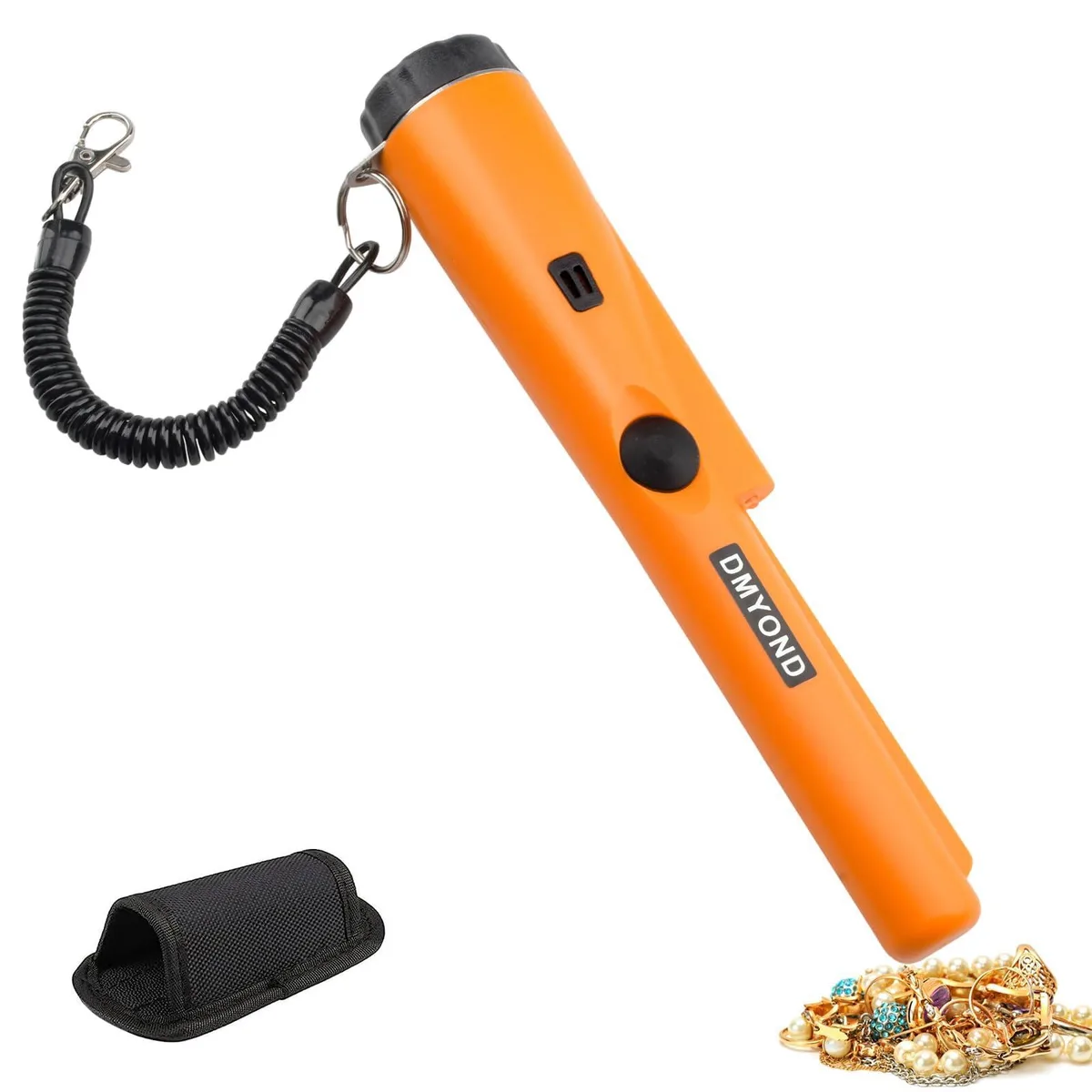 Bright orange handheld pinpointer wand with probe tip and belt sheath