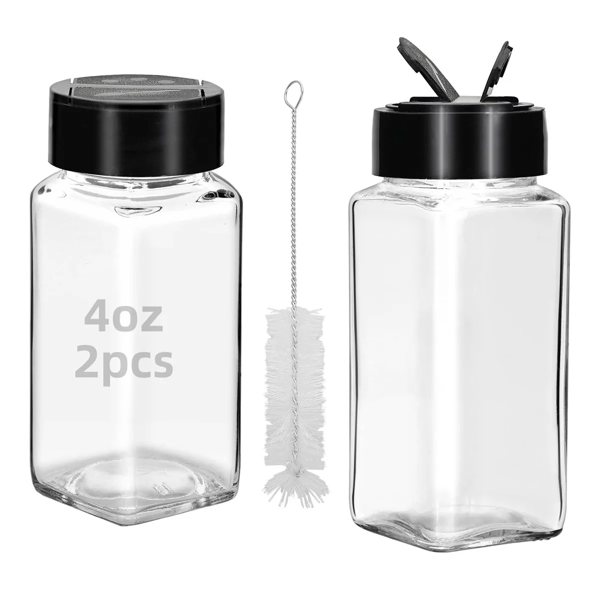 Two clear square glass jars with dual sifter caps