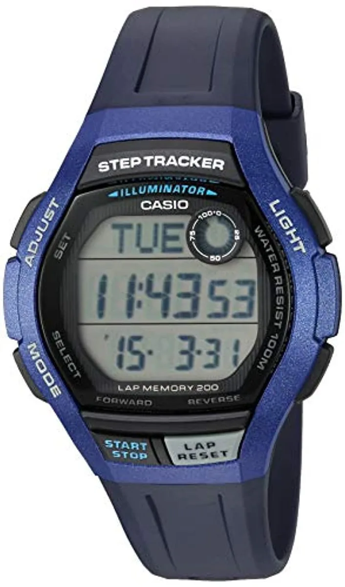 Blue digital sports watch with resin case and strap, 44.2mm case diameter