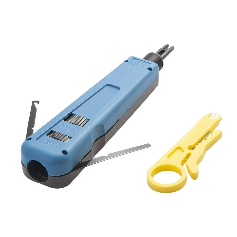Black punch down tool with reversible 110/88 blade, hook knife, flathead screwdriver and wire stripper