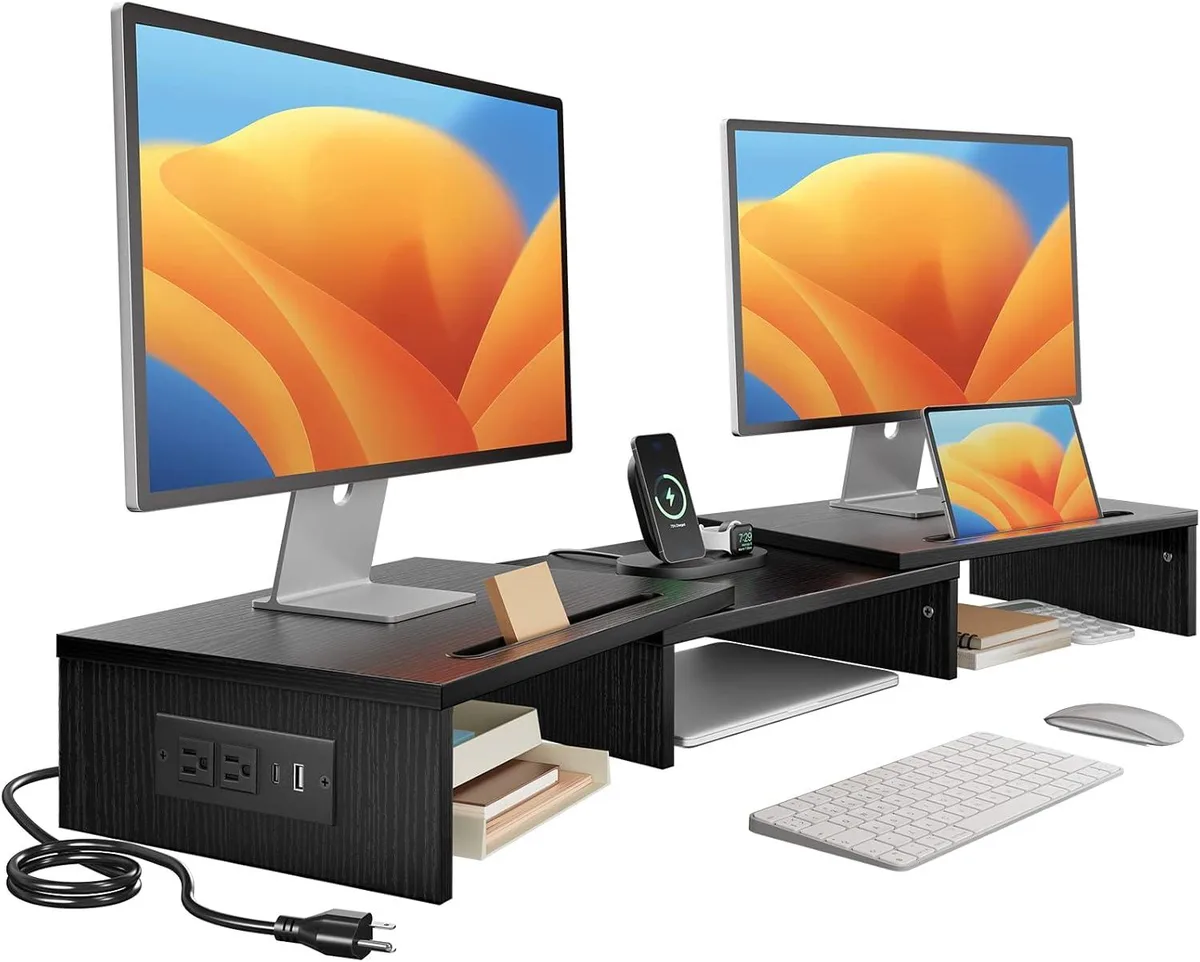 PISKEKAT PISKEKAT Dual Monitor Stand Riser 35in 48.5lbs 2×USB 3.0 59in Cord Black — product photo