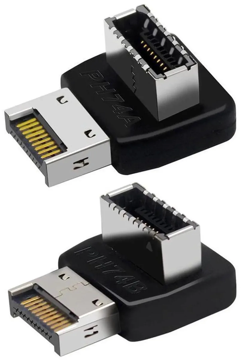 Two small black right-angle USB 3.1 Type-E adapters with plastic housings