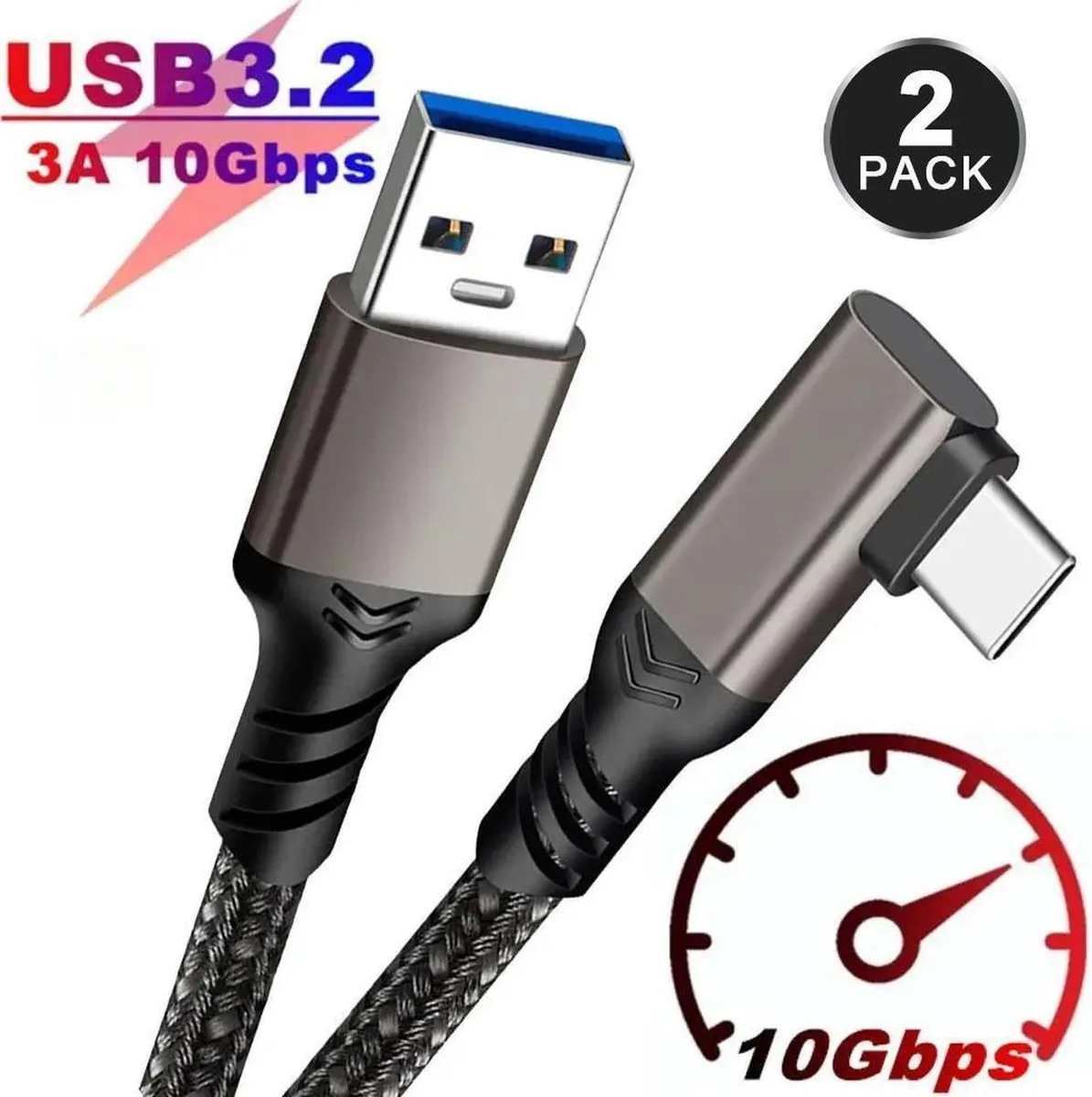 SMUGDESK SMUGDESK USB 3.2 Gen 2 Type-A to Type-C Cable 6.6 ft 10 Gbps 3 A Braided 2-Pack Black — product photo