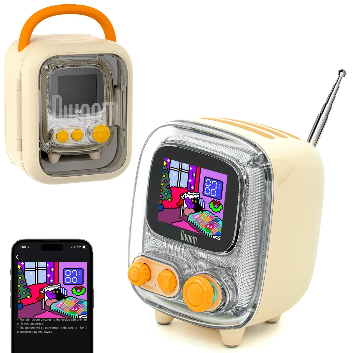 Cream cube retro speaker with pixel display, 2.92 by 2.91 by 3.8 inches