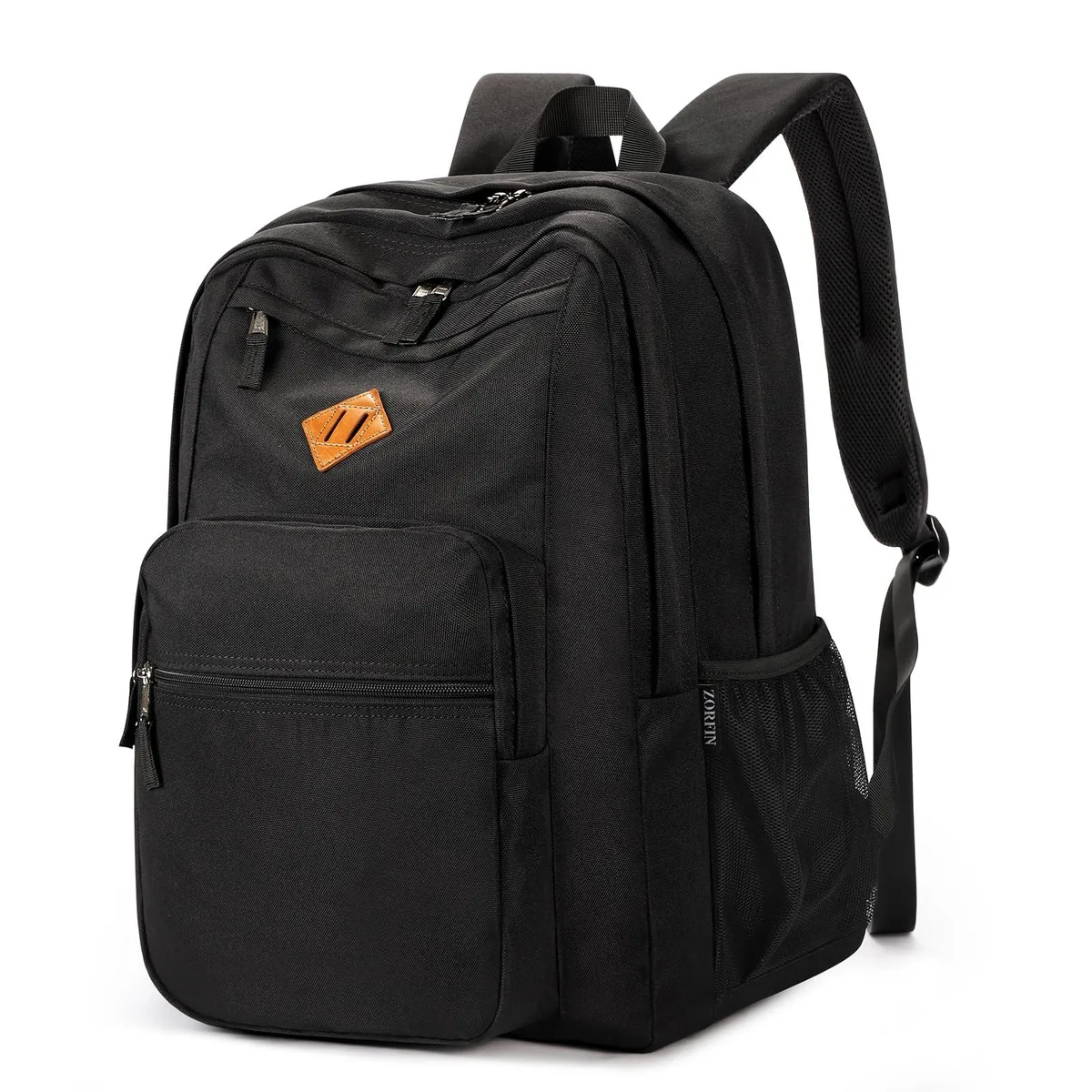 Black nylon laptop backpack, rectangular shape, 15.6 inch sleeve, 26L capacity, 1.23lb weight