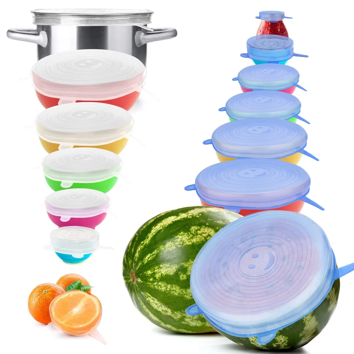 Fourteen round blue silicone stretch lids in seven sizes stacked together