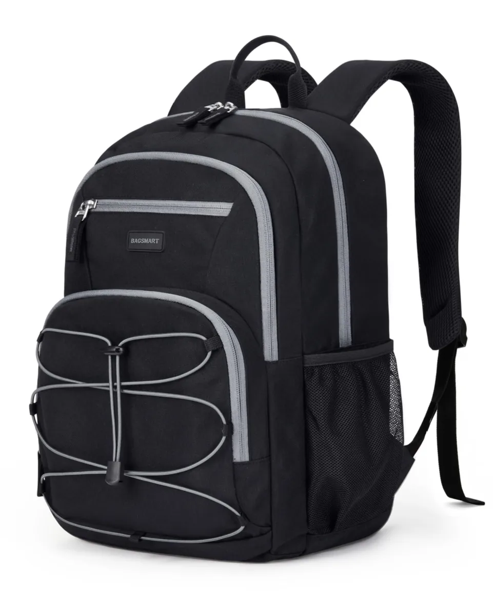 Beige polyester laptop backpack with padded straps and top handle