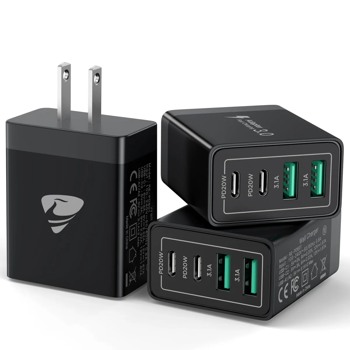  Aiminu RE-PD3504 40W 4-Port USB Charger 3-Pack Black — product photo