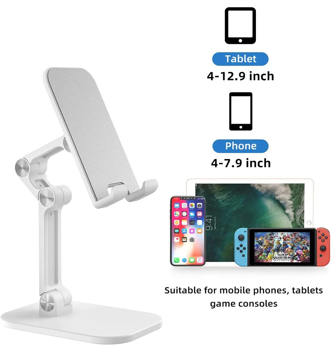 Jansicotek Jansicotek Upgraded PH2 Foldable Phone Mount White 4.7-12.9" 0-235° 4.5" height — product photo