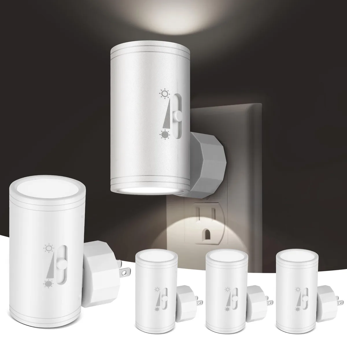 Four white rectangular night lights with rotating prong bases and front-facing light panels