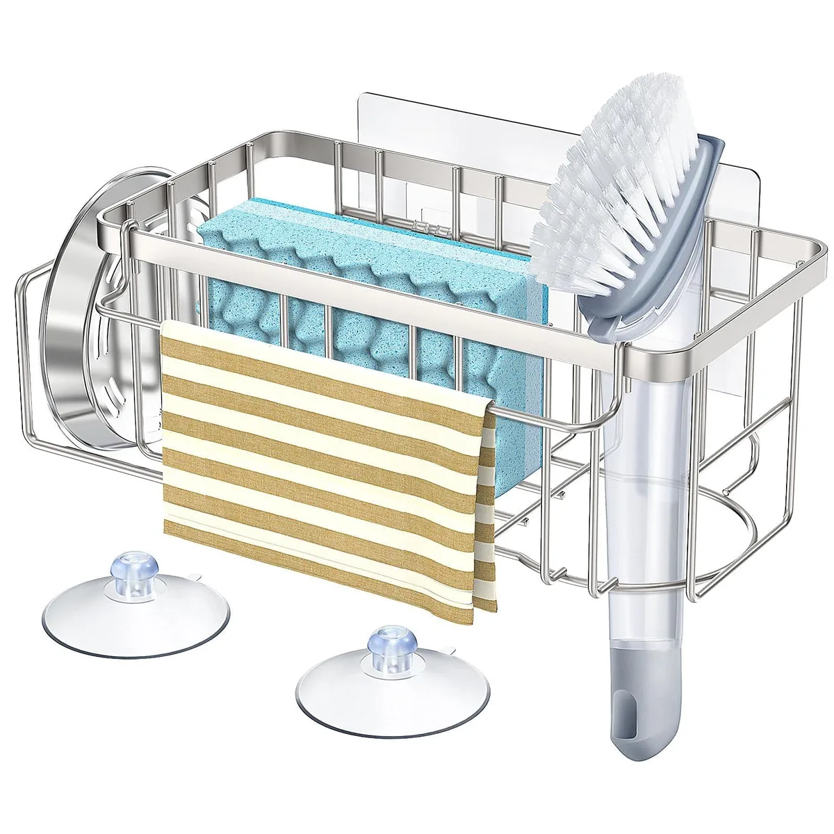 Red plastic two-tier sink caddy with adhesive hook and suction cups, round hollow design for drainage