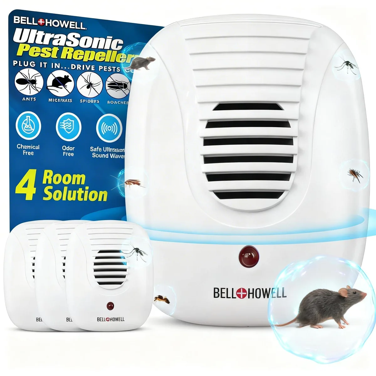 Four white plug-in ultrasonic pest repellers in a row