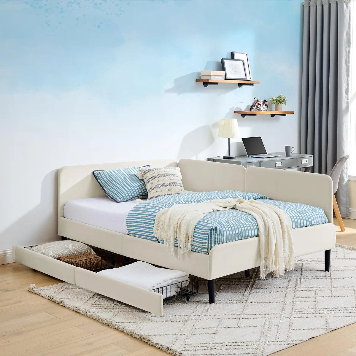 Beige velvet sofa bed with two storage drawers