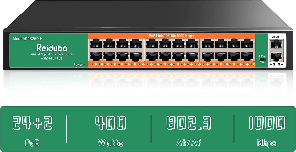 BFKK BFKK 24-Port Gigabit PoE Switch 2×Uplink 400W Unmanaged 19-inch Rackmount VLAN Fanless — product photo
