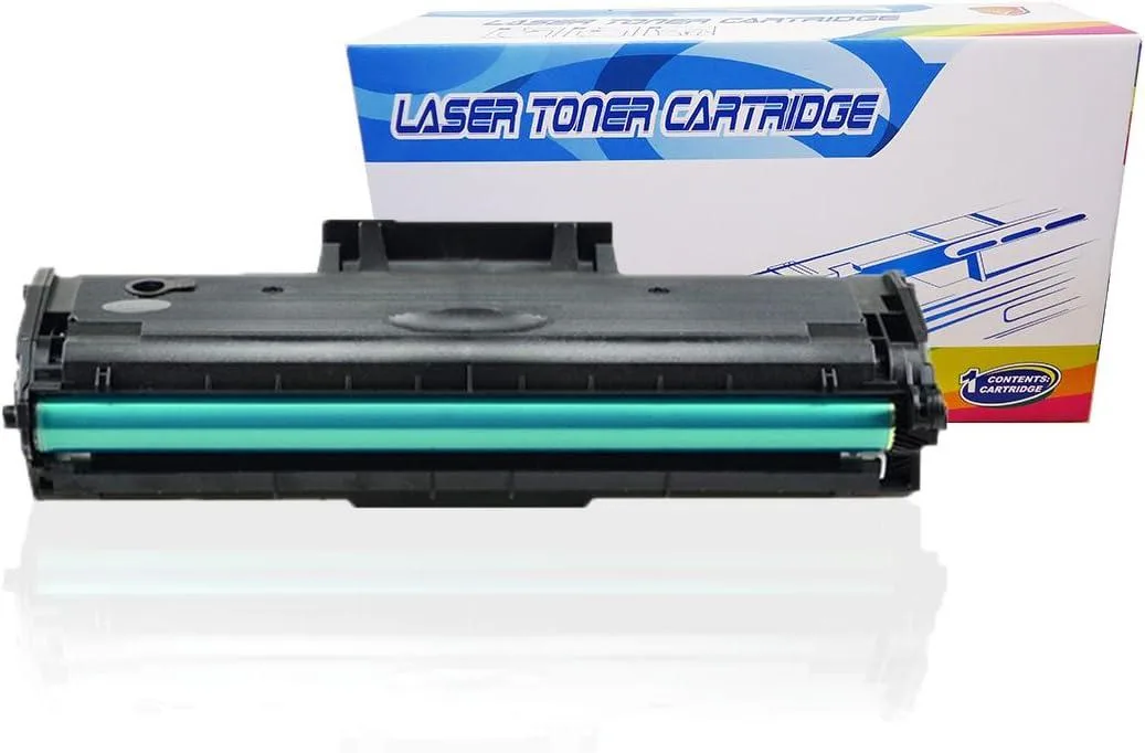 Black rectangular toner cartridge with green chip and white label