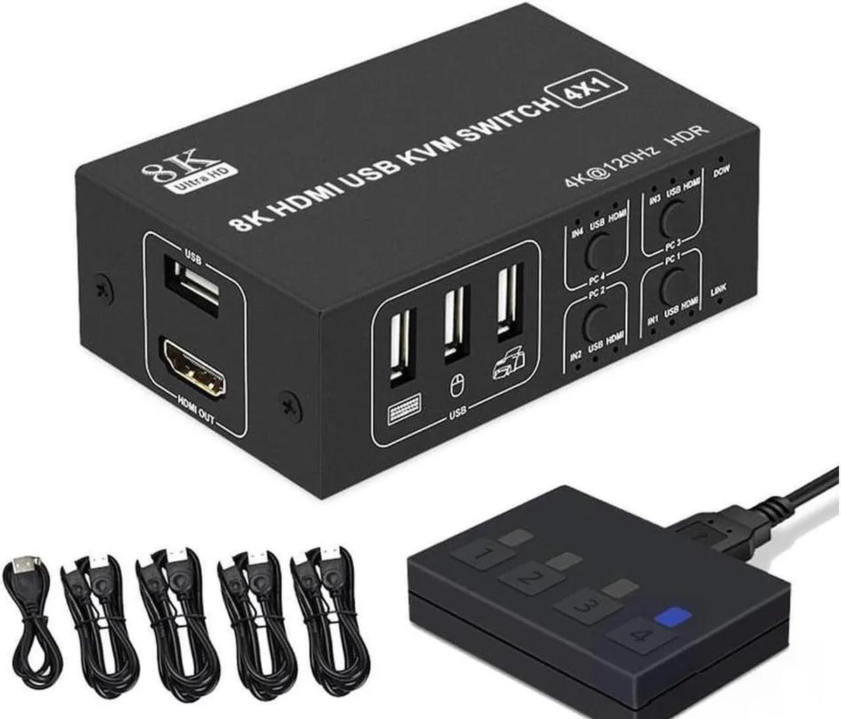 Vszerda Vszerda 4x1 HDMI KVM Switch 8K@60Hz 4K@120Hz 4 USB cables power cable — product photo