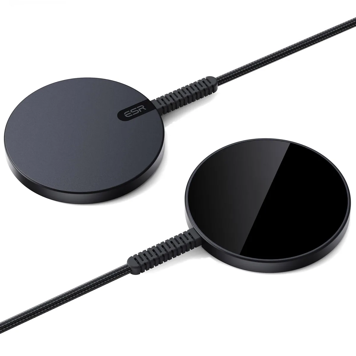 Two black wireless charging pads with braided cables and USB-C connectors