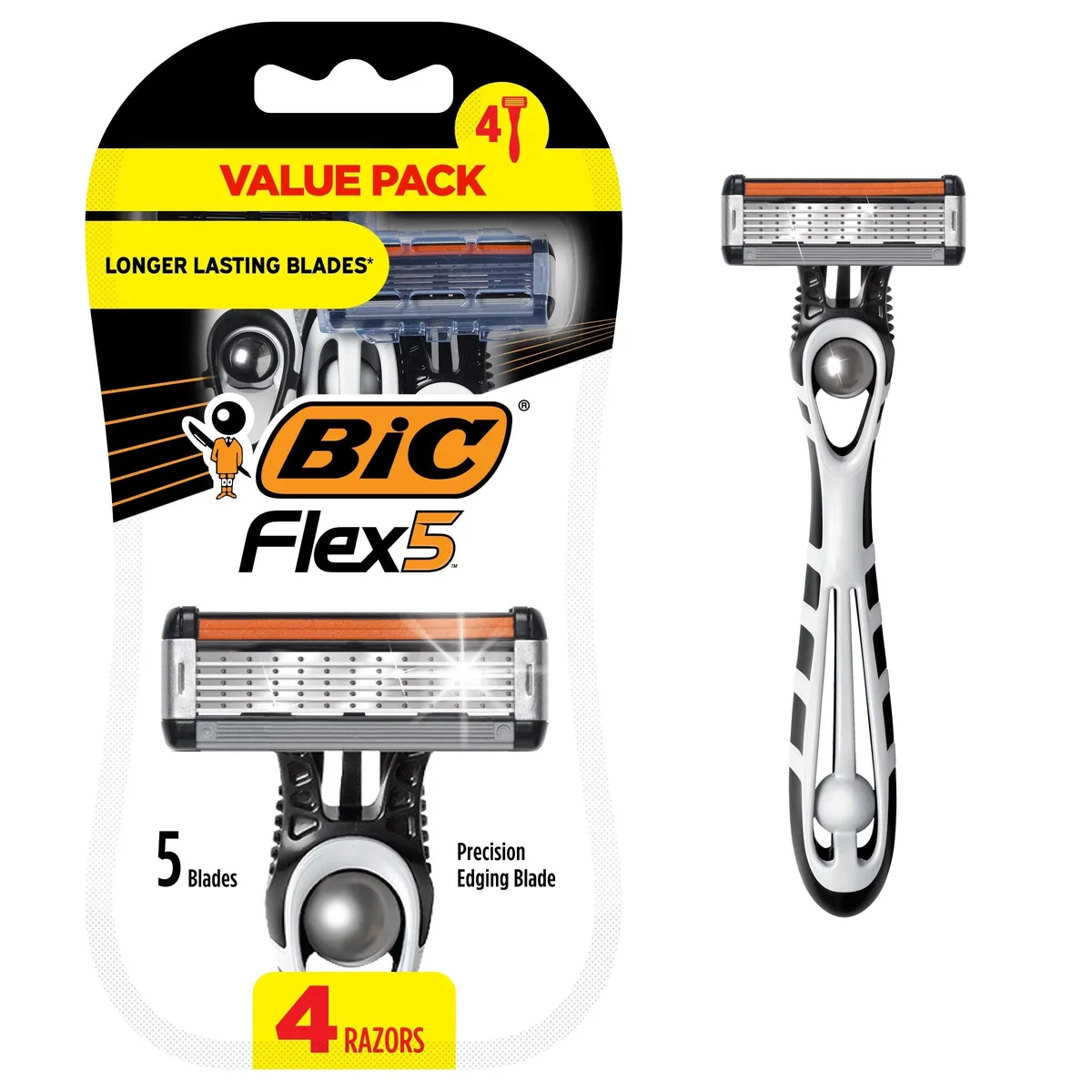 Four black disposable razors with five blades and pivoting heads in a pack