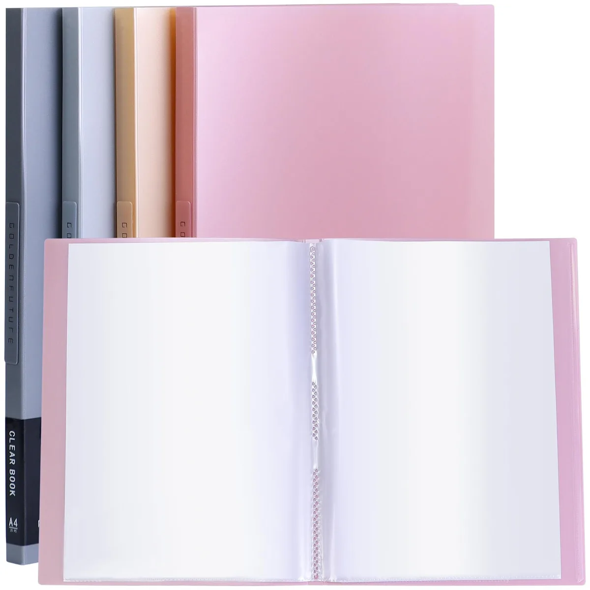 Pink presentation binder with 20 clear pockets for 40 pages, 8.5x11 inches, matte textured cover
