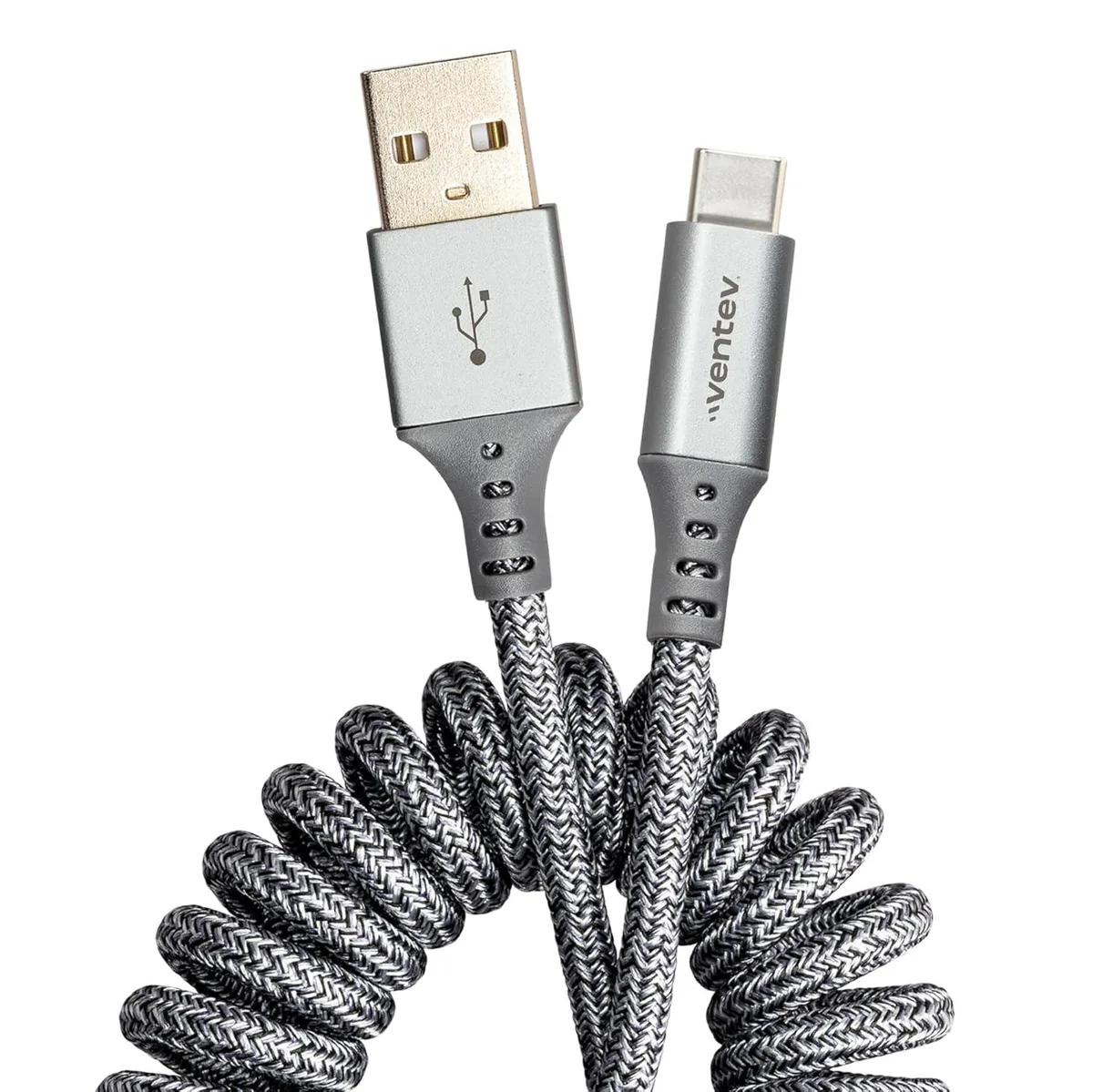 Heather gray coiled cable with aluminum ends