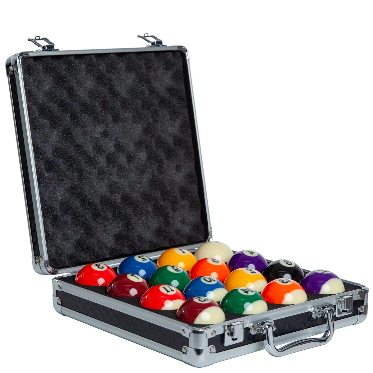 Seventeen regulation pool balls in a black and silver case