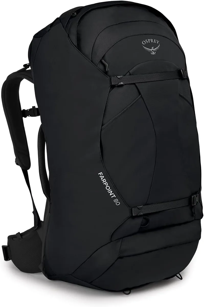 Black 80L travel backpack with adjustable harness and compression straps