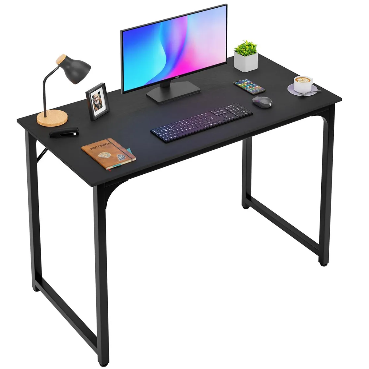 Black rectangular desk with metal frame, wooden top, two drawers, adjustable leg pads