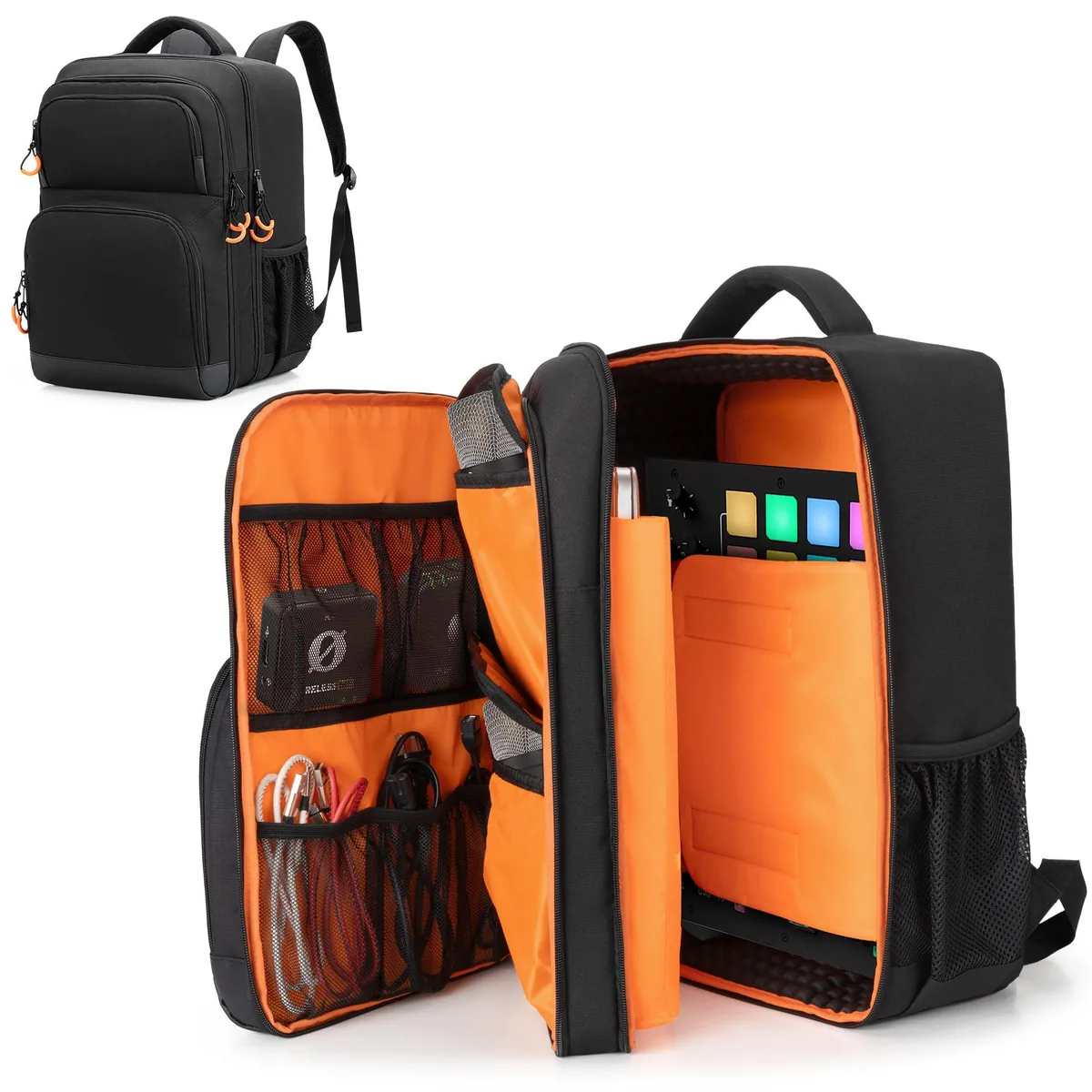 Black nylon backpack with padded shoulder straps and front zipper pockets