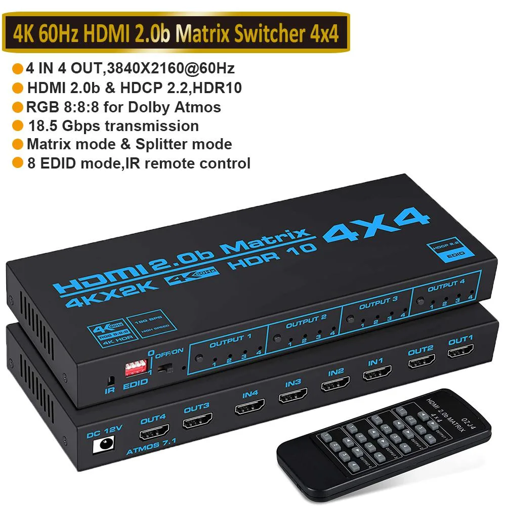 AUBEAMTO AUBEAMTO HDMI Matrix Switch 4x4 Black 4K@60Hz 18Gbps EDID IR Remote — product photo