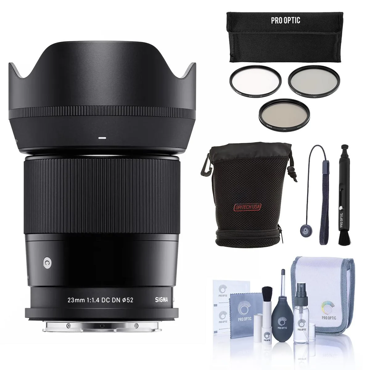 Black cylindrical lens with silver mount, bundled with filters and cleaning accessories