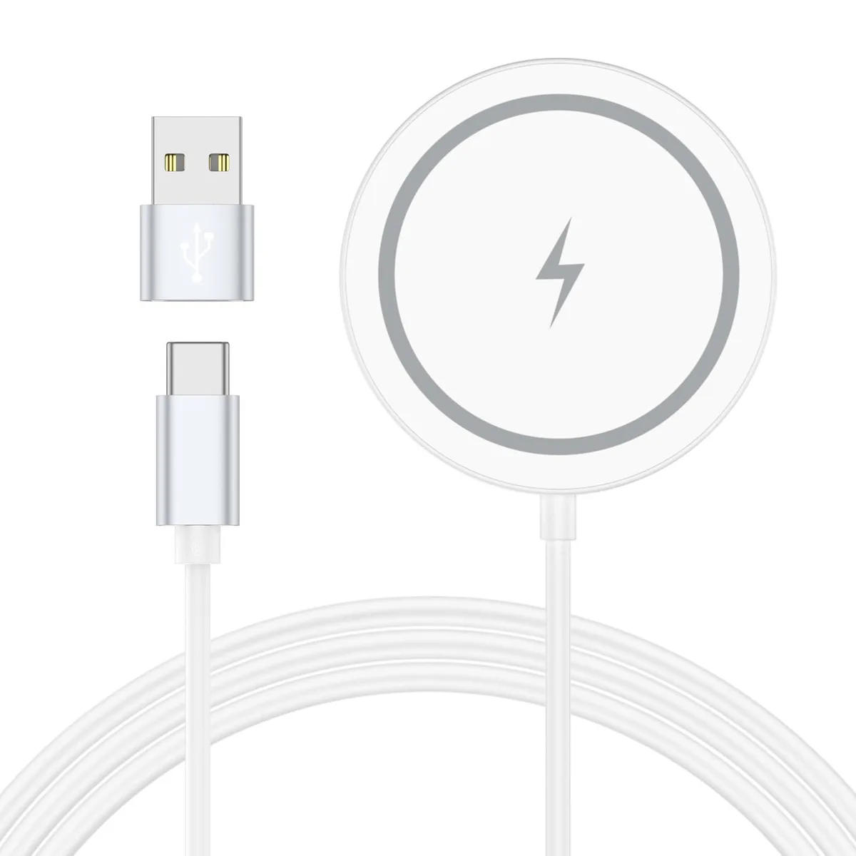 A slim circular charging pad with a matte finish and a four-foot USB-C cable attached