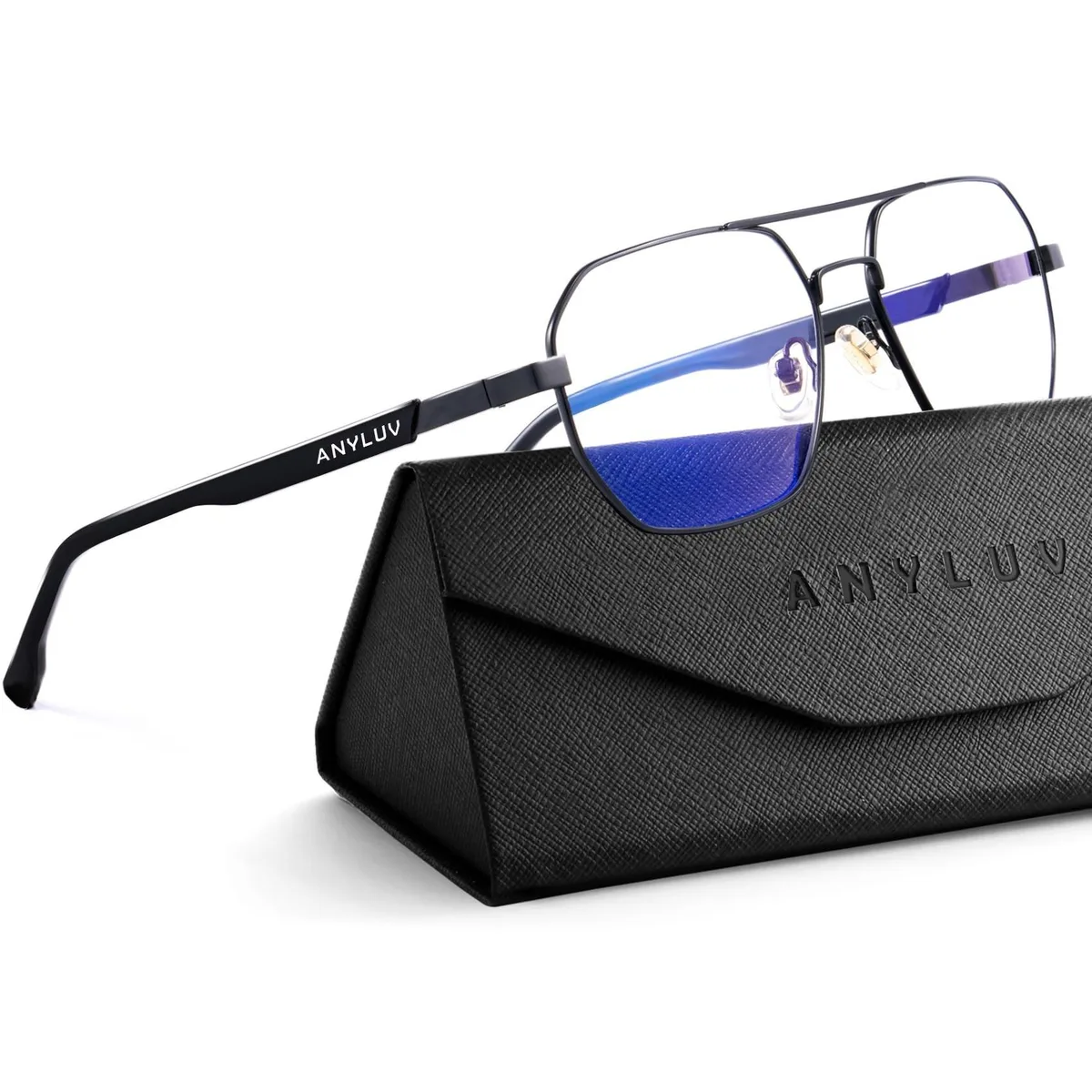 Blue light glasses with curved metal frames, double bridge, logo on temples, clear lenses