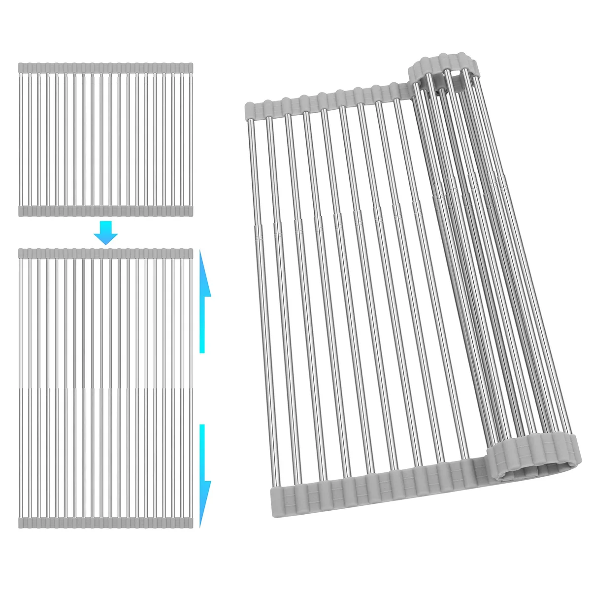 Red roll-up dish drying rack with stainless steel rods and silicone coating, adjustable over sink