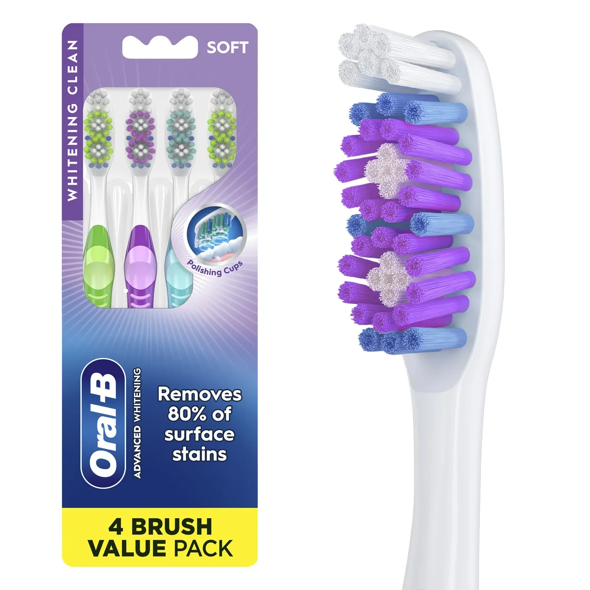 Four white manual toothbrushes with dual-action heads and tongue cleaners in a pack