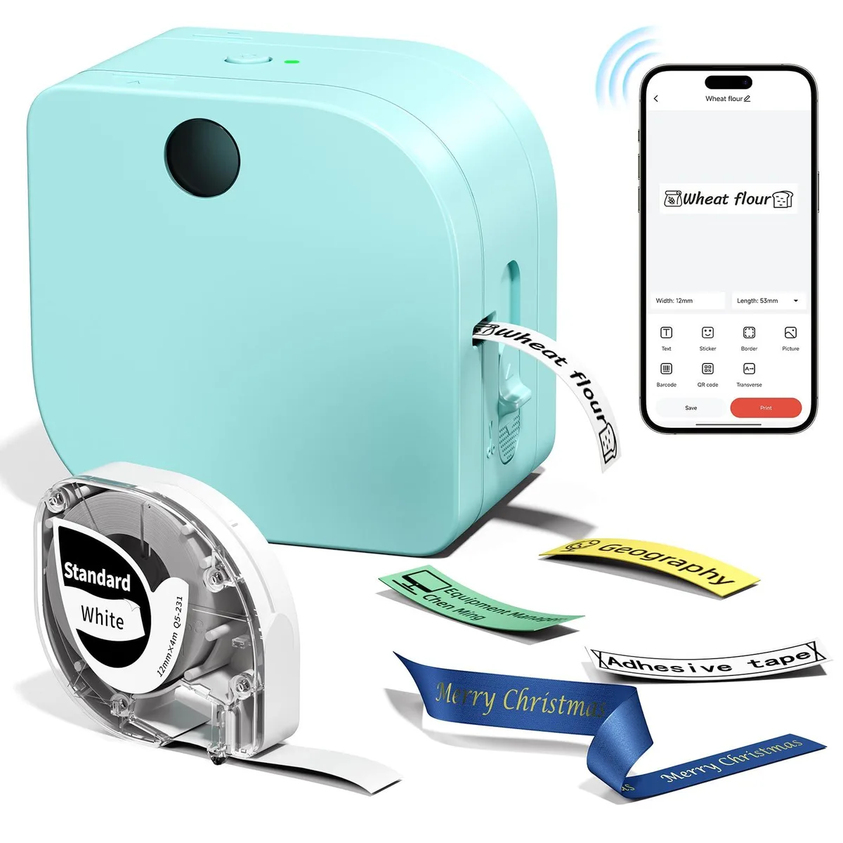 Compact light-green label printer with Bluetooth, 4.07 by 1.83 by 6.45 inches
