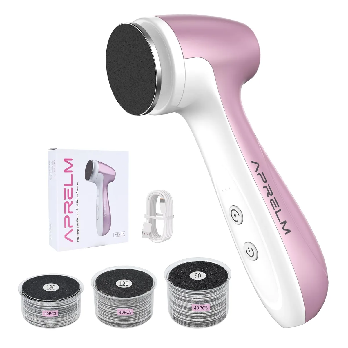 Pink handheld electric foot file with three speed settings and sandpaper discs