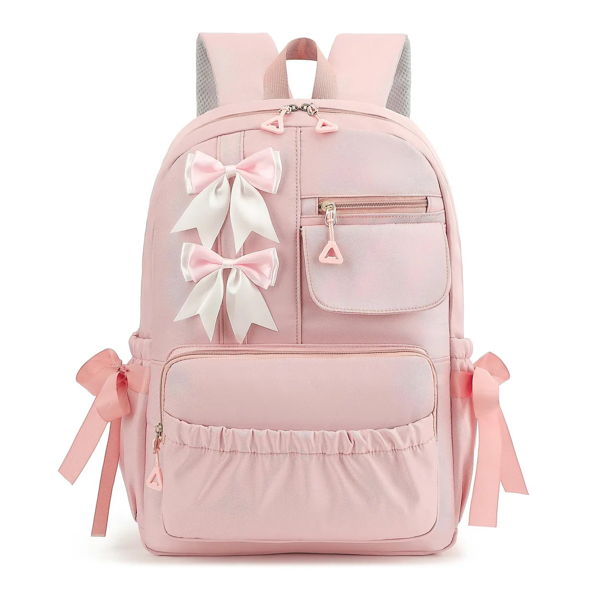 Pink polyester backpack with large bow, padded straps and multiple pockets