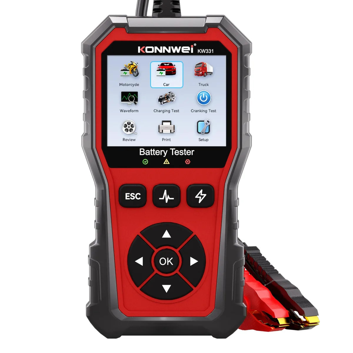 Handheld rectangular battery tester with 2.8 inch LCD screen and clamp leads