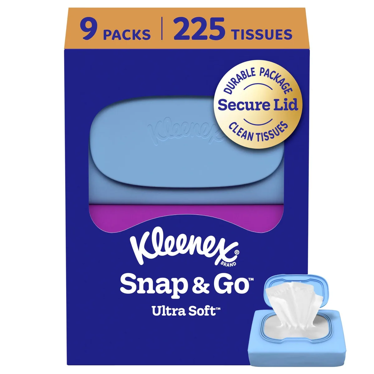 Nine white rectangular tissue packs with snap-shut lids arranged in a carton