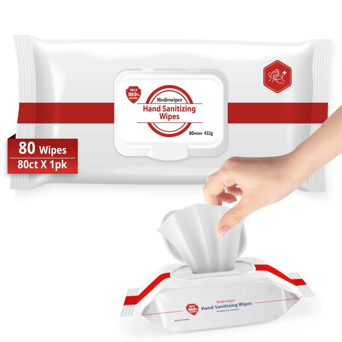 White rectangular pack of 80 unscented alcohol-free sanitizing wipes with resealable cap