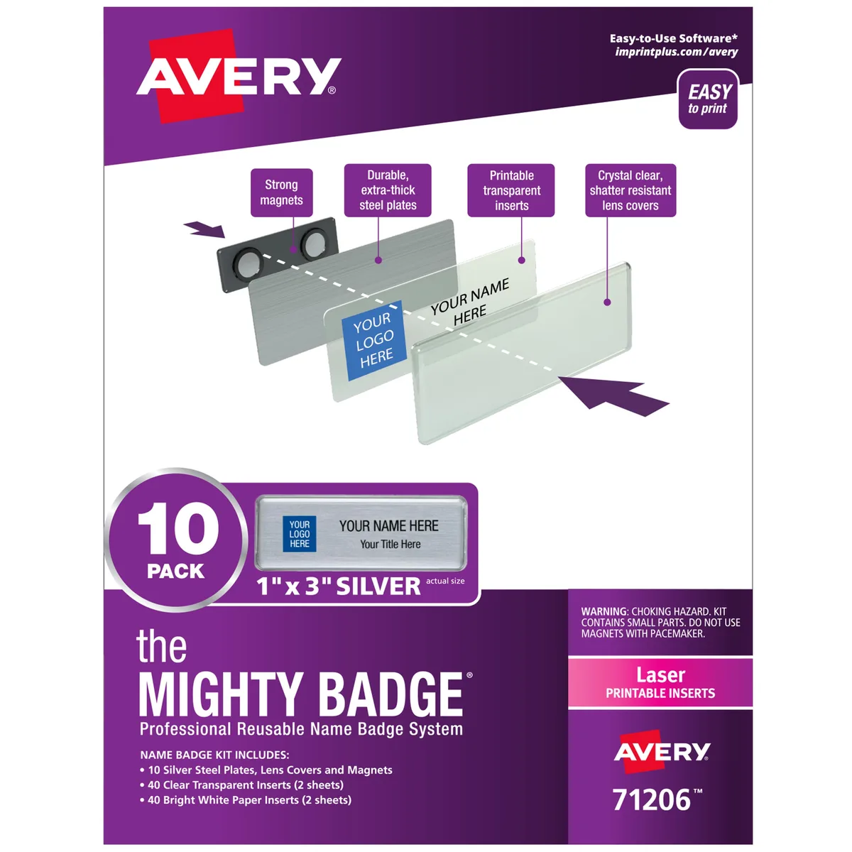 Avery Mighty Badge kit: ten silver magnetic holders with clear lens covers and four sheets of printable inserts